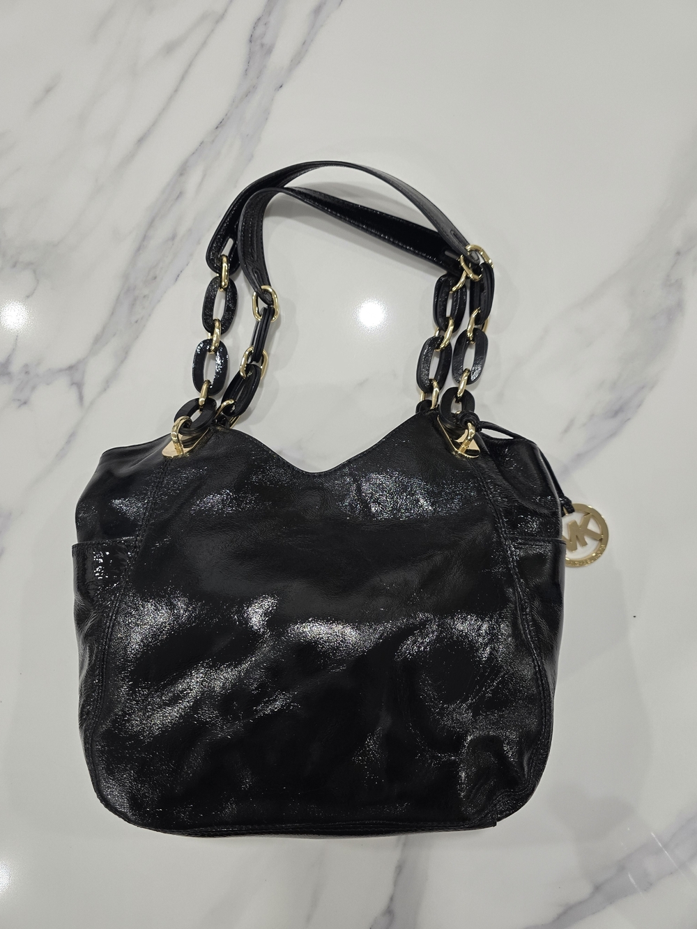 Michael Kors Black Patent Shoulder Bag with Gold Chain Accents
